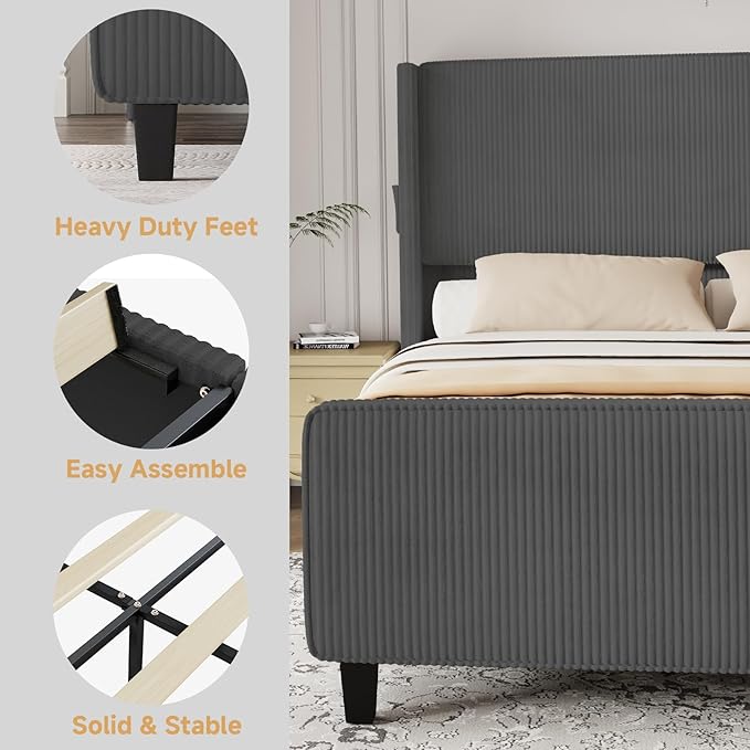 Queen Size Bed Frame with Headboard, Upholstered Platform Bed with Tall Wingback Headboard & Footboard, Corduroy Bed Frames with USB Ports, Easy Assembly, Gray