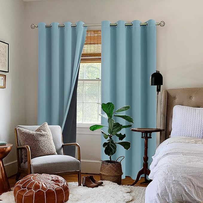 BGment Thermal Insulated 100% Blackout Curtains for Bedroom with Black Liner, Double Layer Full Room Darkening Noise Reducing Grommet Curtain (52 x 90 Inch, Greyish Blue, 2 Panels)