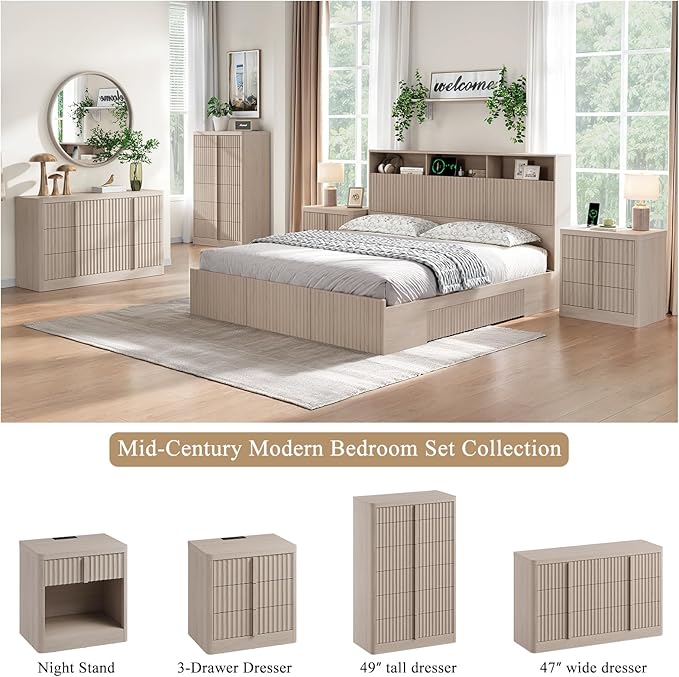 Fluted Dresser for Bedroom, 48" Tall 6 Drawer Dresser, Modern Chest of Drawers with Solid Wood Handle, Curved Profile Design, Wood Dressers Storage Organizer,Bedroom, Living Room, Hallway, White Alder