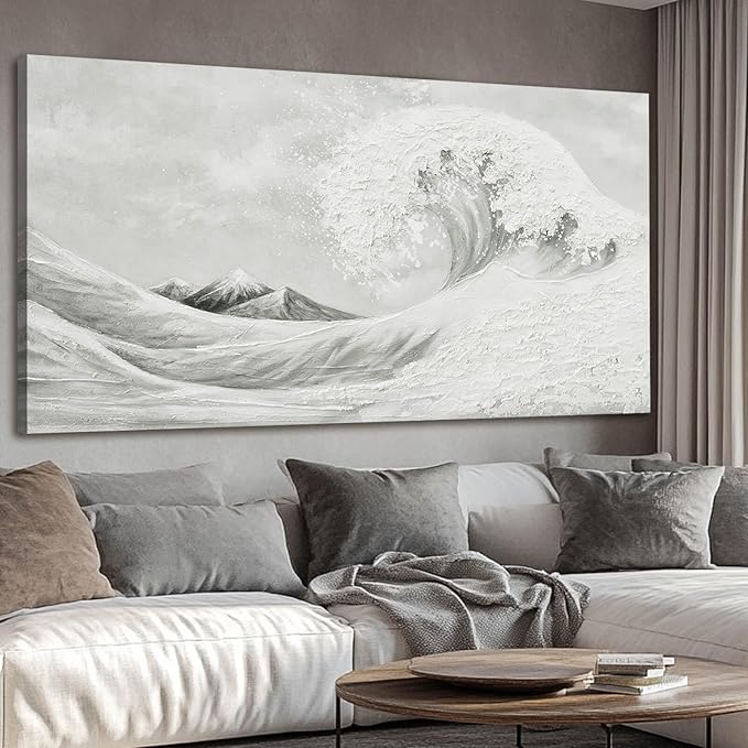 YETHEN WAL Textured Grey Wave Wall Art – Extra Large 3D Coastal Canvas, Neutral Minimalist Seascape for Living Room Bedroom, Hand-Painted Details, 29×58 Inch