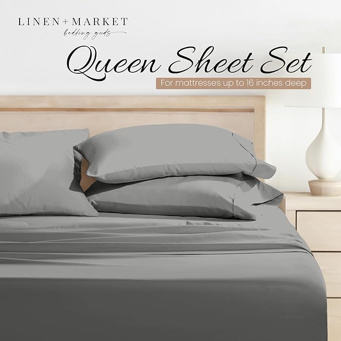 Linen Market Brushed Microfiber Queen Sheet Set 4 Piece – Oeko-TEX Certified Ultra Soft & Wrinkle-Free - 16" Deep Pocket Sheets - Easy Care Queen Size - Gray