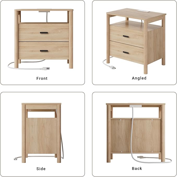 FavourLife Night Stand, 23" Wide Nightstand, Modern Large Nightstand with Charging Station, 2 Drawer Wooden End Table with Solid Round Post Legs & Open Shelf, Bedside Table for Bedroom, Natural Oak