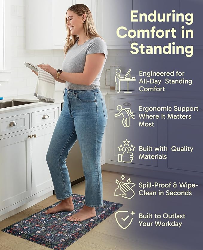 Ophanie Kitchen Mats for Floor, 3/4 inch Thick, 20x39 Anti Fatigue Cushioned Mat, Kitchen Rugs, Waterproof, Comfort Ergonomic Standing Mat for Office, Home, Sink, Blue Flower Non-Slip Ridged Bottom