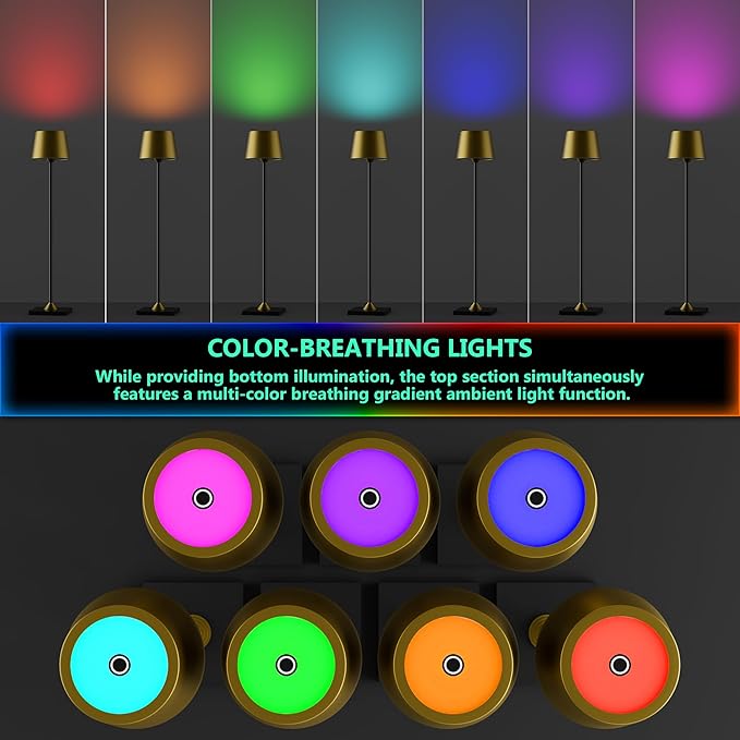 Modern LED Color-Changing Cordless Table lamp, 7 Colors, metal Shade, Touch control with sleep mode for Restaurant, Bedroom, Outdoor Camping, Night Light, Rechargeable (Antique Brass&Black 1 PACK)