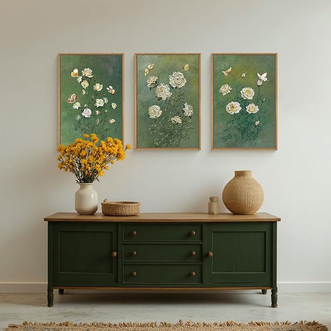 LHIUEM Vintage Moody White Roses Framed Canvas Wall Art,Abstract Flower Green Wall Decor,Nature Floral Butterfly Wall Painting,Aesthetic Blossom Artwork for Living Room,Dining Room,Office-24 x36 x3
