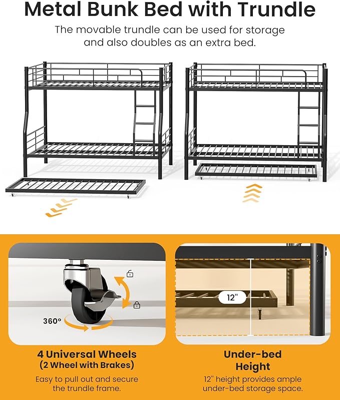 Full XL Over Queen Bunk Bed with Trundle, Heavy-Duty Metal Bunk Bed w/Full-Length Guardrail & EVA Padded Ladder, Convertible to 3 Separate Beds for Adults, Teens, Noise-Free, Black
