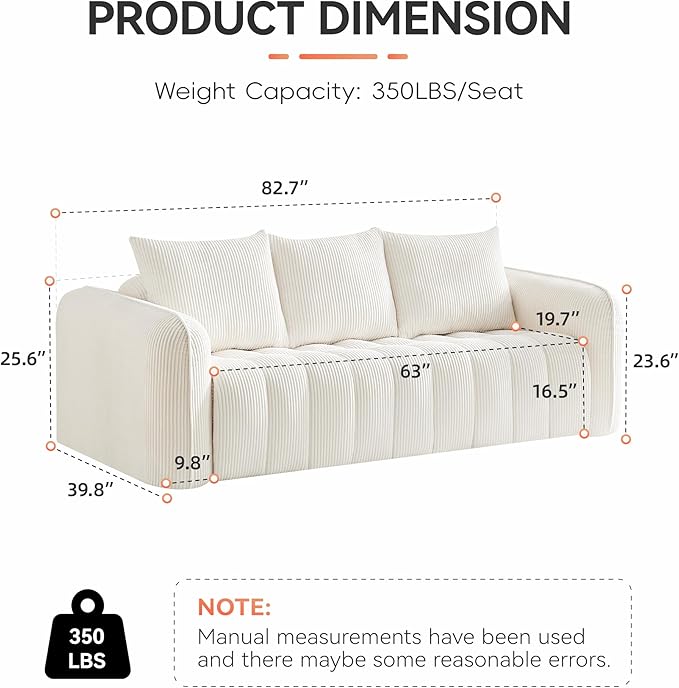 83'' Boneless Corduroy Sofa, Oversized 3 Seater Deep Seat Couch with Rounded Armrest, Modern Upholstered Cloud Sofa for Living Room, No Assembly, White