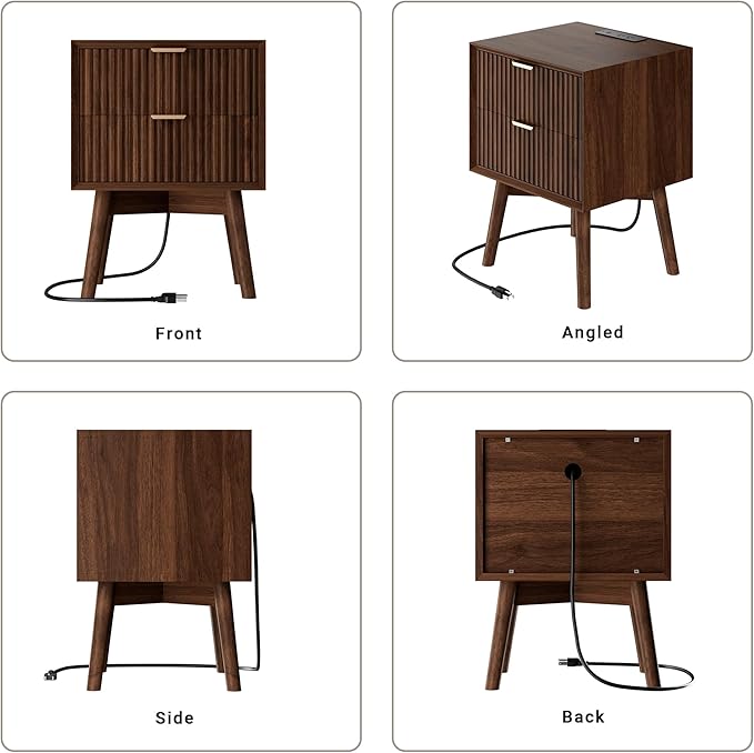 Fluted Nightstand, Night Stand Set 2, Nightstands Set of 2 with Beveled Edges & Solid Wood Legs, 2 Drawer Wooden End Table with Charging Station, Modern Bedside Table for Bedroom, Walnut