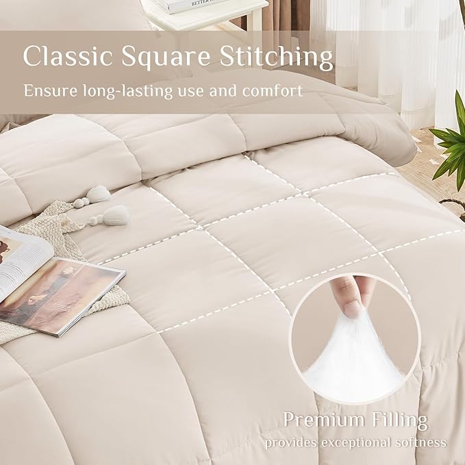 JOLLYVOGUE Oversized King Comforter Set, Ultra-Soft Bed in a Bag Oversized King Size 7 Pieces, Oeko-TEX Certified Bedding Set with Down Alternative Comforter, Sheets, Pillowcases & Shams, Beige