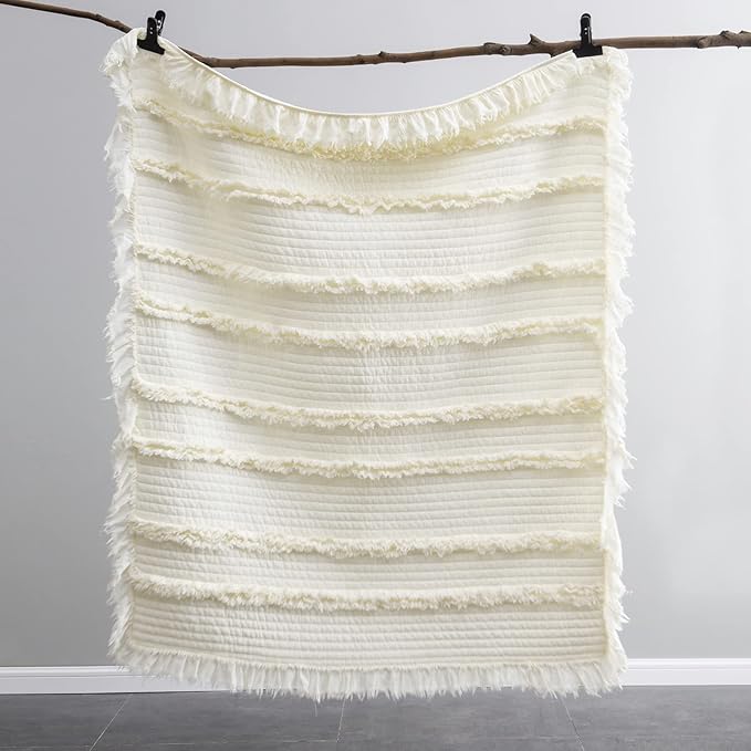 Ultra Soft Pre-Washed Quilted Boho Cream Twin Size Blankets for Bed, Ruffle Fringed Decorative Throw, Stone Washed Chic Rustic Blanket for Sofa Couch Bed, 60"*80"