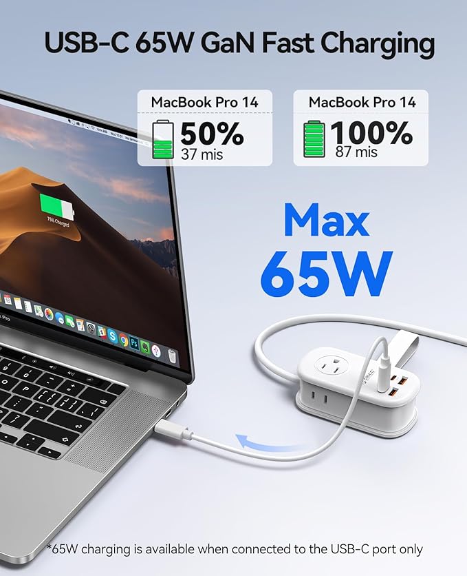 ORICO 65W GaN Travel Power Strip with 7-in-1 Charging Ports (3 AC Outlets/2 USB-A/2 USB-C), Flat Plug and 4FT Extension Cord, Fast Charger for MacBook Pro/Air, iPad Pro, iPhone 17/16/15- AP3