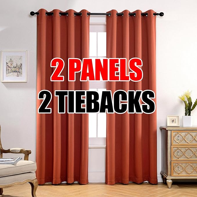 MIUCO Room Darkening Thermal Insulated Grommet Window Blackout Curtains Panels for Livingroom 1 Pair 52x84 Inch Rust, Bonus 2 Tie Backs Included
