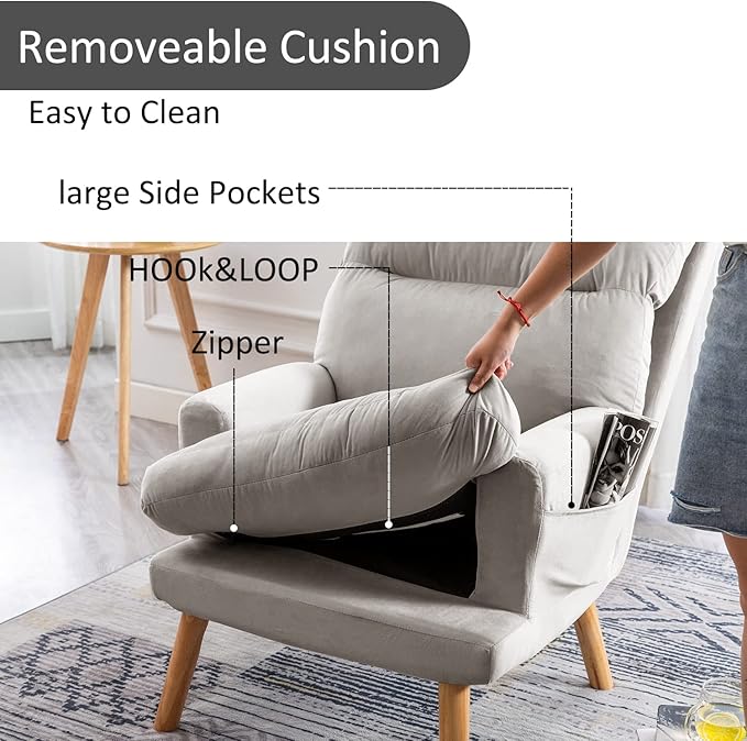INZOY Accent Chairs with Ottoman, Velvet Fabric Armchair with Ottoman for Bedroom Living Room, Mid Century Modern Chair with Adjustable Backrest and Side Pockets, Grey
