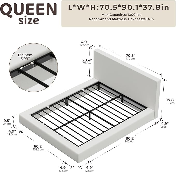 RECCI Cloud Upholstered Queen Bed Frame with Headboard, 5 Inch Foam Padded Platform, No Box Spring, Easy Assembly (Snow White)