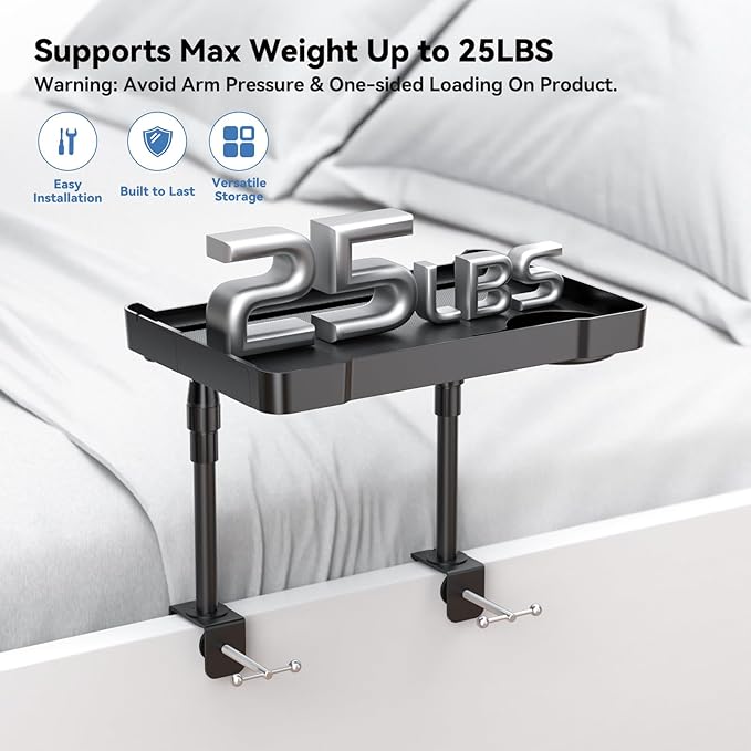 Bedside Shelf Bunk Bed Shelf Bedside Organizer Adjustable Height Top Bunk Bed Accessories Nightstand Tray with Cup Holder Clip On Bedside Table Tray Headboard Shelf Organizer College Dorm Room Black