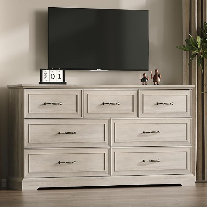 Farmhouse 7 Drawers Dresser for Bedroom, 57" Wide Modern Chest of Drawers with Deep Drawers & Bar Handles, Rustic Wood Dresser TV Stand, Wooden Closet Storage Organizer for Living Room, Hallway, Grey