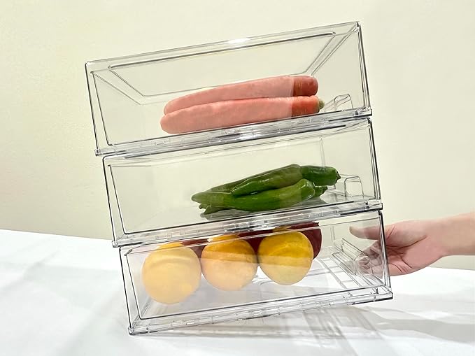Stackable storage drawers, clear pull-out organizer with handles and non-slip pads for kitchen, refrigerator,office desktop, pantry and shelves, perfect for organization and storage (2 Pack, Large)