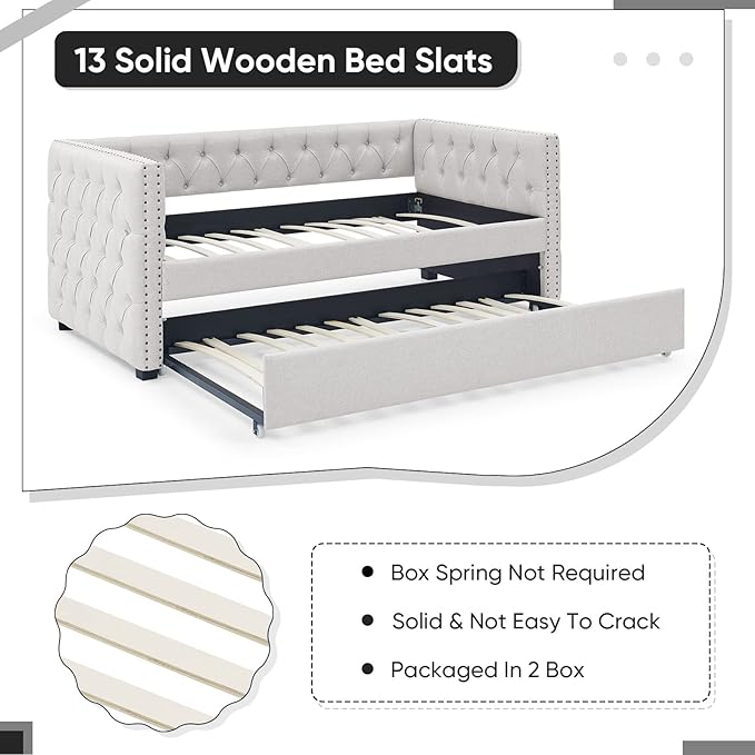 Antetek Daybed with Trundle, Upgraded Linen Upholstered Twin Size Day Bed Button-Tufted Sofa Daybed Frame with A Trundle,No Box Spring Needed,Furniture for Bedroom Living Room Guest Room (Beige, Twin)