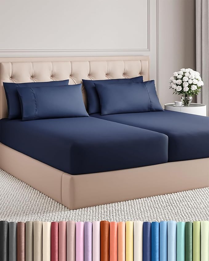 Split King 7 Piece Sheet Set - Cooling & Breathable - Hotel Luxury Bedding, Includes Fitted Sheets for Women, Men, Kids & Teens - 1 Flat, 2 Fitted Sheets, 4 Pillowcases with Deep Pockets - Navy Blue