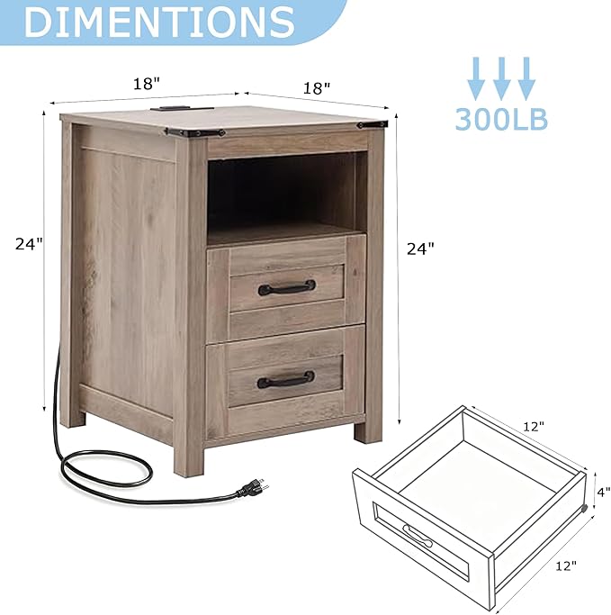 Puntogen Sierra Night Stand Set of 2, Rustic End Table with Charging Station, Farmhouse Tall Nightstand for Bedroom, Drawer Dresser Bedside Table with Open Storage Shelf