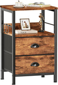 Furologee Nightstand with 2 Fabric Drawers, Night Stand with 2-Tier Shelf, Bedside Table with Hooks, Open Wooden Shelf, End Table for Bedroom, Backboard Design, Metal Frame, Rustic Brown