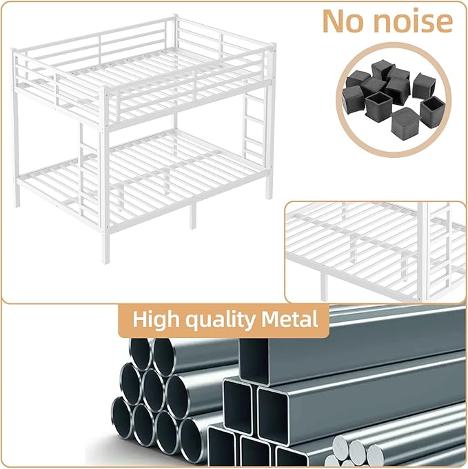 Queen Over Queen Bunk Bed Frame, Heavy Duty Metal Loft Bed for Adults/Teens, 400/600LB Capacity w/Ladder & Guardrail, Noise-Free Steel Slats, No Box Spring Required, White