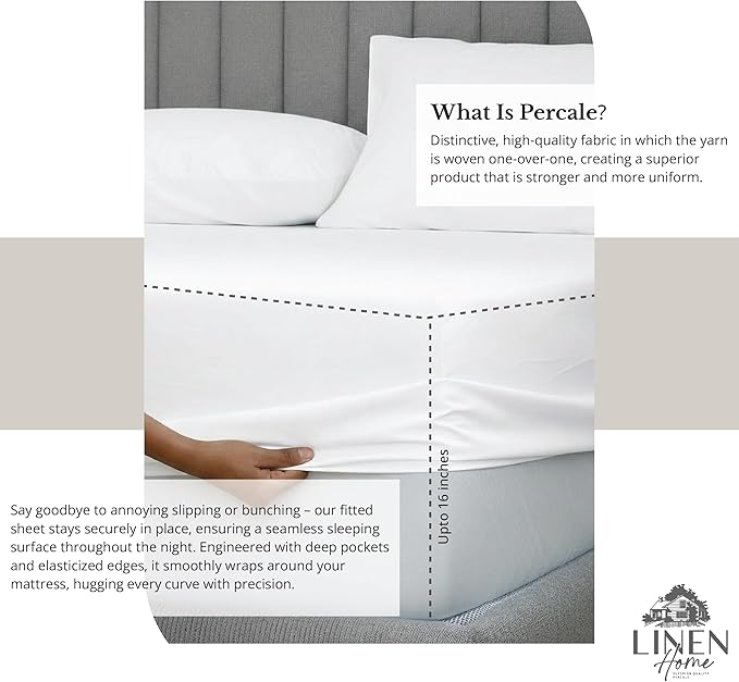Linen Home 100% Cotton Percale Sheet Set, Full Size, Snow White, Deep Pocket, 6 Pieces Set - 1 Flat, 1 Deep Pocket Fitted Sheet and 4 Pillowcases, Crisp Cool and Strong Bed Linen