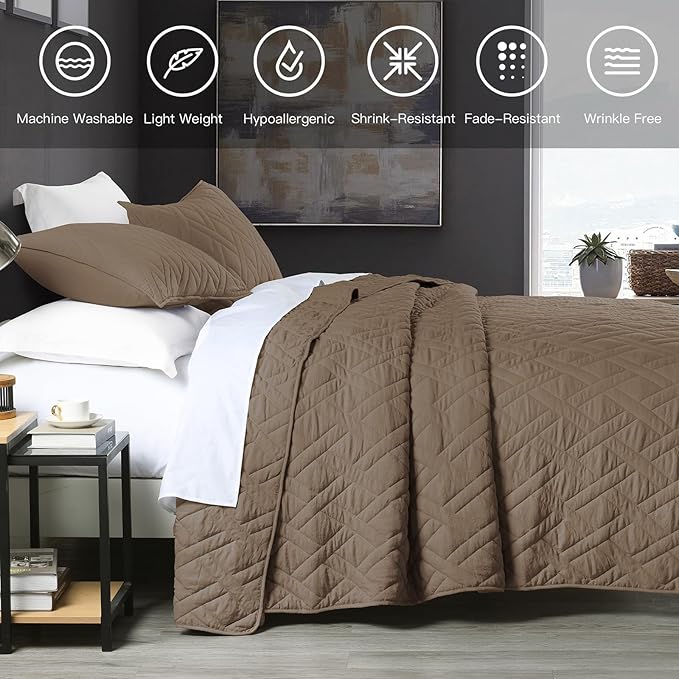 HORIMOTE HOME Quilt Set Twin Size Pine Bark, Classic Geometric Diamond Stitched Pattern, Ultra Soft Microfiber Lightweight Bedding Set Bedspread Coverlet for All Season with 1 Quilt 1 Pillow Sham