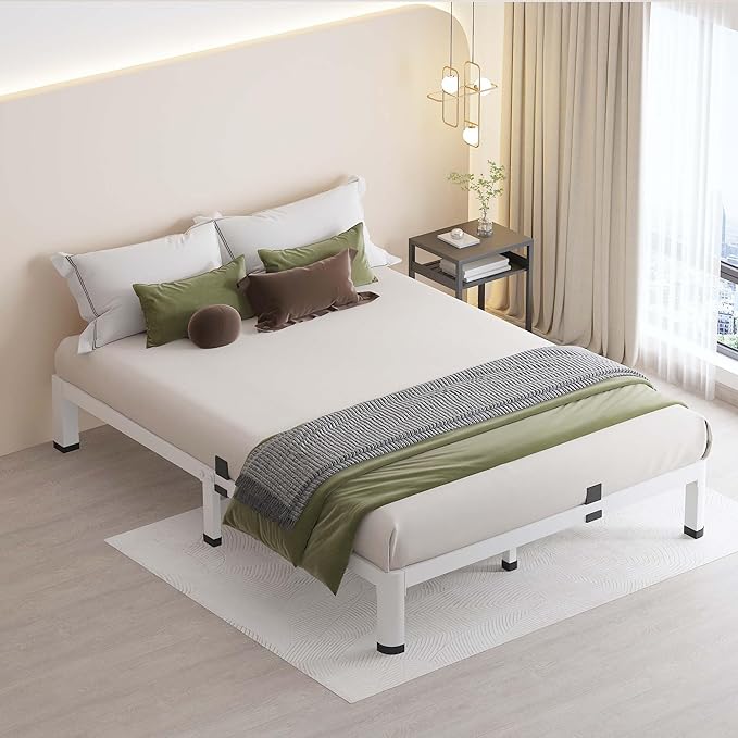 MAF 10 Inch Full Size Bed Frame White with Round Corner Legs Mattress Slide Stopper No Box Spring Needed Heavy Duty Metal Platform Bed Frames Under-Bed Storage Space, 3000 LBS Steel Slats Support