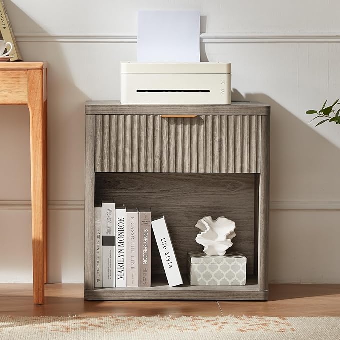 LEYAOYAO Fluted Nightstand with Charging Station, 23" Wide 1 Drawers End Table,Grey Night Stand with Open Storage Cabinet, Farmhouse Bed Side Tables, Wood Dresser for Bedroom, Living Room, Closet