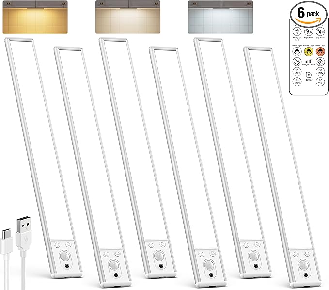Under Cabinet Lighting Wireless, Rechargeable 62 LED Motion Sensor Light Indoor, 3 Color Temps Closet Lights with Remote Control, Dimmable Magnetic Under Counter Lights for Kitchen, Stairs, 6 Pack