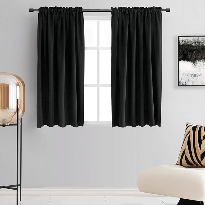 DONREN 99% Blackout Curtains for Bedroom - Thermal Insulating Blackout Rod Pocket Drapes for Small Windows (42 x 54 Inches,Set of 2 Panels,Black)