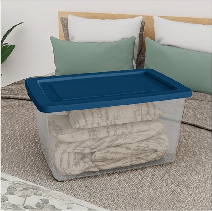 Sterilite 8 Pack Storage Boxes, Clear Plastic Stackable Containers, Lightweight Home Organizers with Snap Lids, 58 Quart, Marine Blue