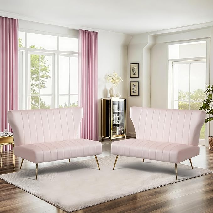 50’’ Armless Loveseat Sofa, Comfy Upholstered Velet Small Couch Sofa with Gold Legs, 2 Seater Tufted Modern Couch for Living Room, Bedroom, Apartment Small Space (Light Pink)
