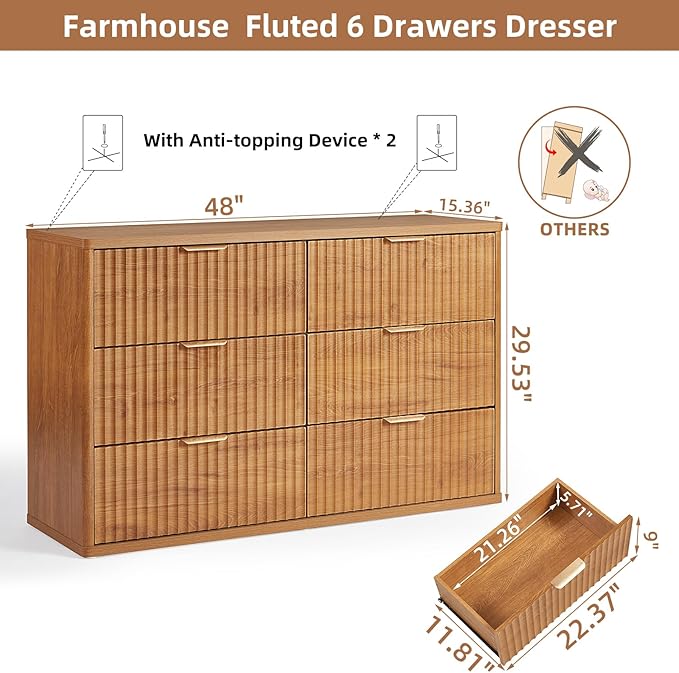LEYAOYAO Fluted 6 Drawers Dresser Set of 2, 48" Wide Modern Chest of Drawers with Wood Grain Top, Curved Profile Design, Dresser TV Stand, Wooden Drawer Organizer for Bedroom, Living Room,Brown