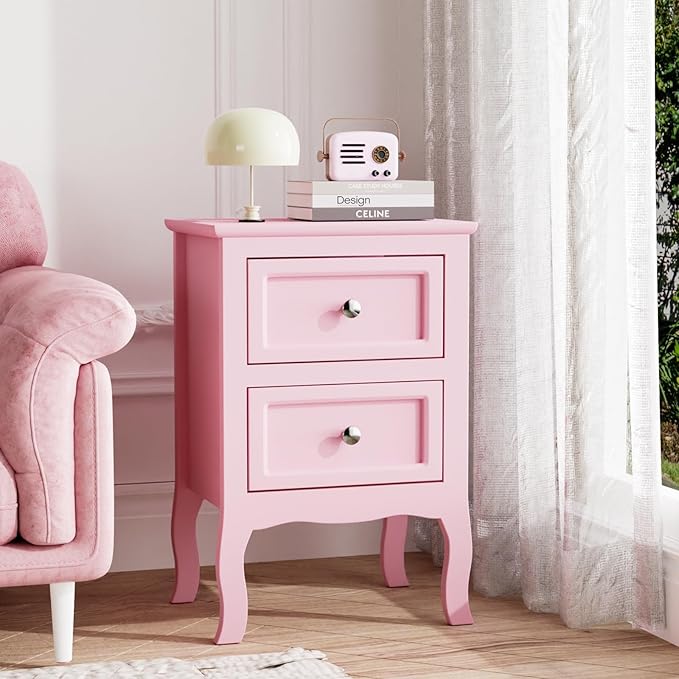 Bonnlo Nightstand Set of 2, Nightstands with 2 Drawers, Bed Side Table/Night Stand, Pink Nightstand, Small Nightstand for Bedroom, College Dorm, Kids’ Room, Living Room, Wood, 16W x 12D x 24H