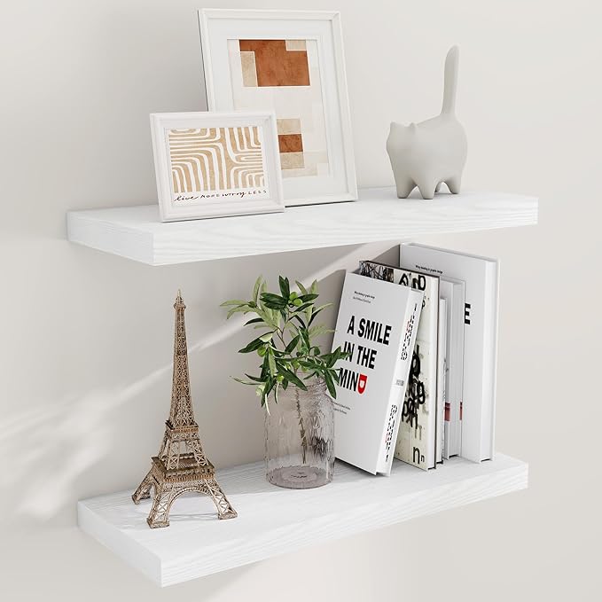 Fun Memories Floating Shelves for Wall, 24 x 9.3 Floating Shelf Wall-Mounted, Rustic Wood Bathroom Shelf Set of 2, Deep Bookshelf Storge Shelves for Living Room, Bedroom, Farmhouse, White Color