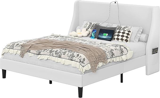 VECELO Queen Bed Frame with Upholstered Wingback Headboard, Heavy-Duty Platform Bedframe with Charging Station, Wooden Slats, No Box Spring Needed, White