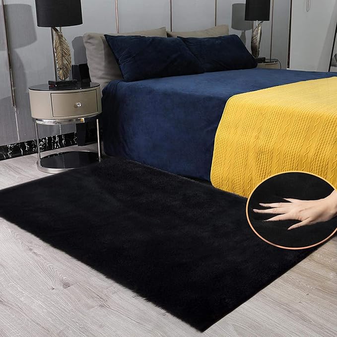 Fuzzy Rabbit Fur Rug Fluffy Rugs Washable Area Rugs for Living Room Black Furry Rug for Bedroom Rugs 3x5 Cute Room Girl Room Home Decor Rectangle