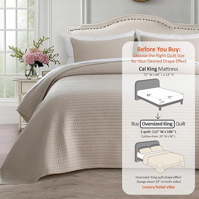Oversized King Quilt Set 112"x106" – Soft Washed 3-Layer Lightweight California King Bedspread, Minimalist Nordic Design, All-Season Spring & Summer Quilt Set (1 Quilt + 2 Pillow Shams),Light Taupe