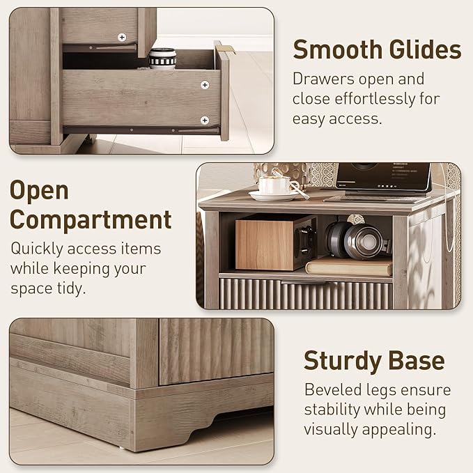 Fluted Nightstand Set of 2, 24'' Sofa Side Table with 2 Drawers, Farmhouse Bedside Table with Storage, Large End Table for Bedroom, Living Room, Greige