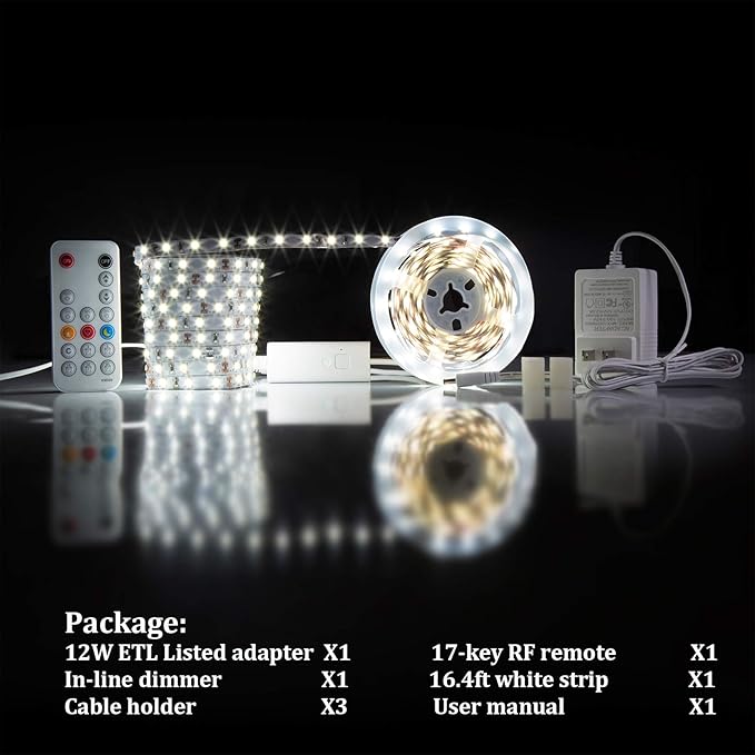 WOBANE White LED Strip Lights, Dimmable LED Light Strip Kit, 16.4ft Flexible Tape Lights for Bedroom,Kitchen,Under Cabinet,Bright 6500K Daylight, LED Mirror Lighting for Vanity Makeup Dressing Table
