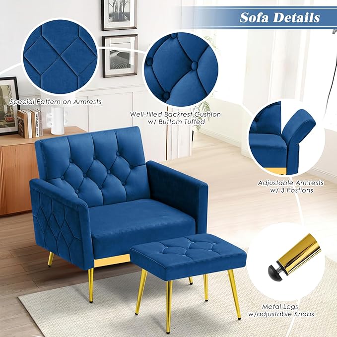 Velvet Accent Chair w/Adjustable Armrests and Backrests, Tufted Single Sofa with Ottoman, Upholstered Reading Chiar for Living Room, Apartment, Bedroom, Blue