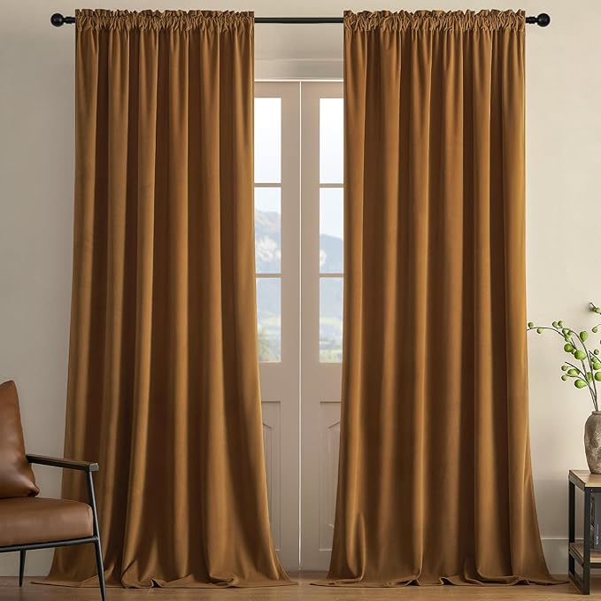 Joydeco Brown Velvet Curtains 102 inch Length 2 Panels, Luxury Blackout Rod Pocket Thermal Insulated Window Curtains, Super Soft Room Darkening Drapes for Living Dining Room Bedroom,W52 x L102 inches