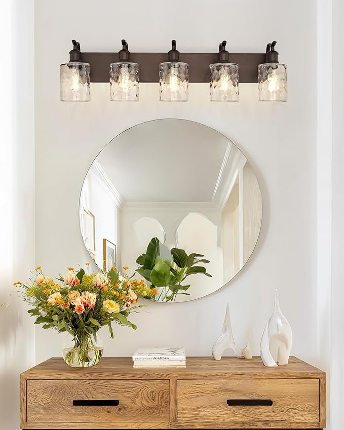 Bathroom Vanity Light Fixtures 5-Light Hammered Glass Modern Wall Mounted Over Mirror Oil Rubbed Bronze - VL01ORBH-5