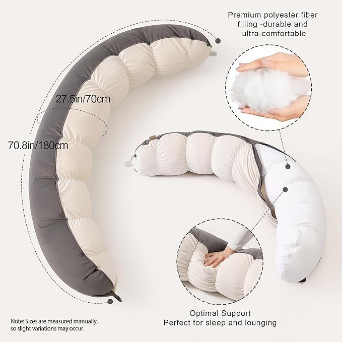 Peallow(Pat. Pend) – Long Round Body Pillow for Adults, Bolster Pillow for Sleeping, Soft and Supportive Pillow for Sleeping & Lumbar Support (Gray-White, 59")