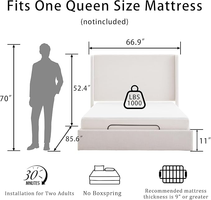 Queen All-in-One Adjustable Bed Frame with Upholstered Wingback Headboard, Head and Foot Incline, Zero Gravity, Massage, App and Wireless Remote, No-Noise, Minimalist, Textured Ivory Canvas