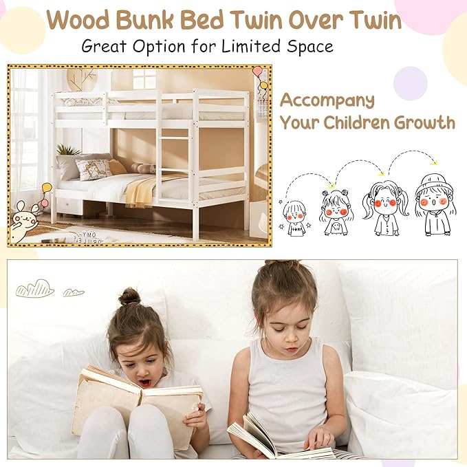KOMFOTT Wood Bunk Bed Twin Over Twin, Bunk Bed with Ladder & Safety Guardrail, Solid Wood Bed Frame, Ideal for Dormitory & Multiple-Child Family, No Box Spring Needed, Kids Bed Frame