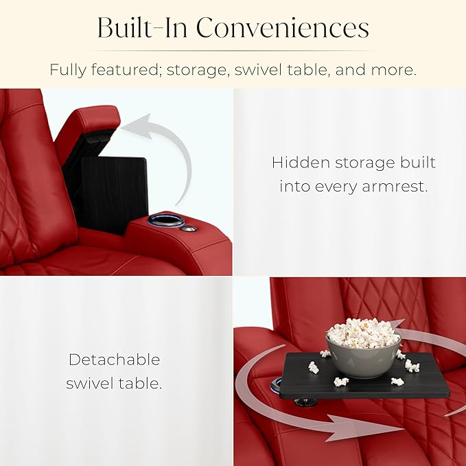 Seatcraft Diamante Zero-Gravity CoolZero Italian Leather Home Theater Seating, Power Headrest, Power Recline, Row of 4 Sofa, Red