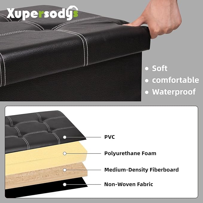 xupersodys 30 Inches Folding Storage Ottoman Bench, Faux Leather Footrest Ottoman, Storage Trunk Footstool for Bedroom, Living Room and Hallway, Support 350lbs, Black (White line)